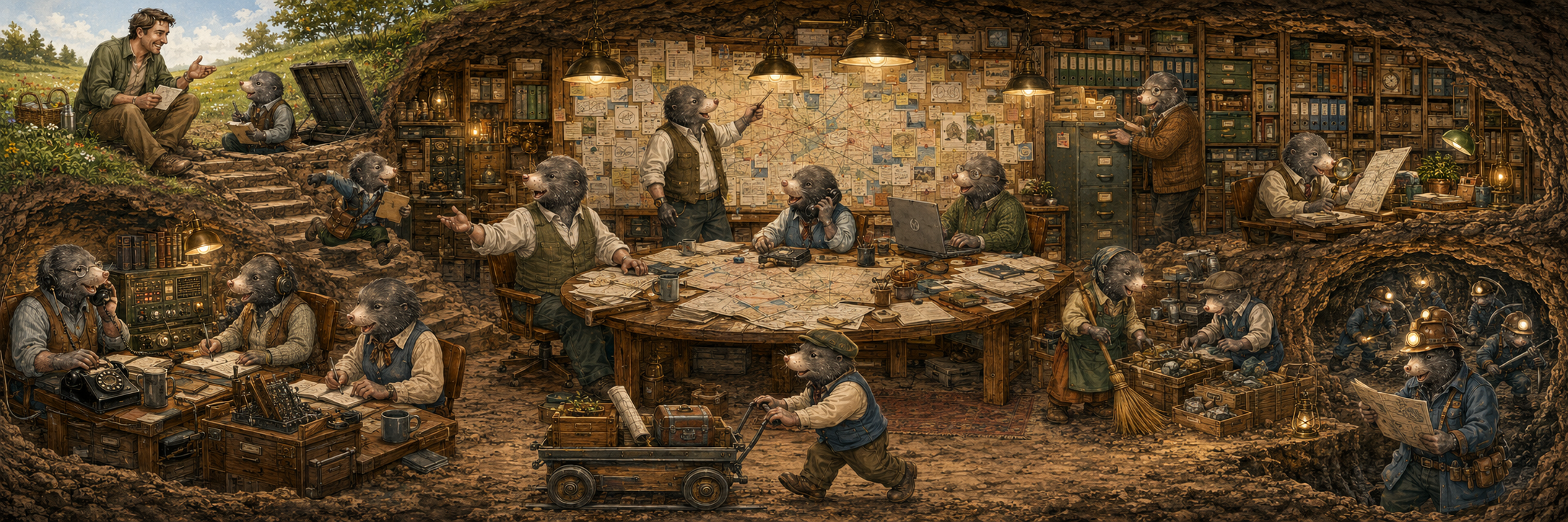 A warm underground office of mole colleagues, busy with a shared project
